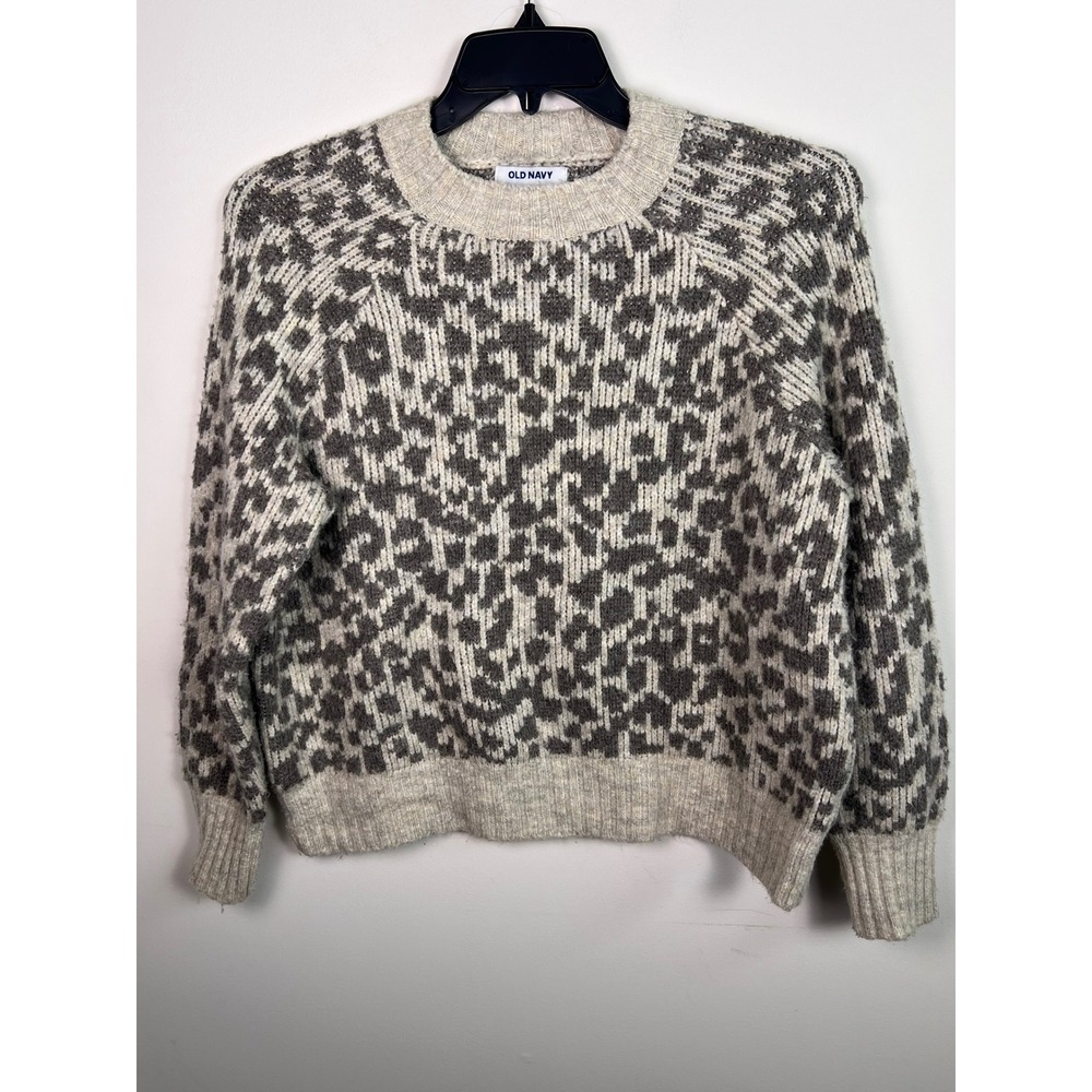 Womens Sweater Crew Neck Long Sleeve Animal Print Knit Beige Grey Sz M Old Navy